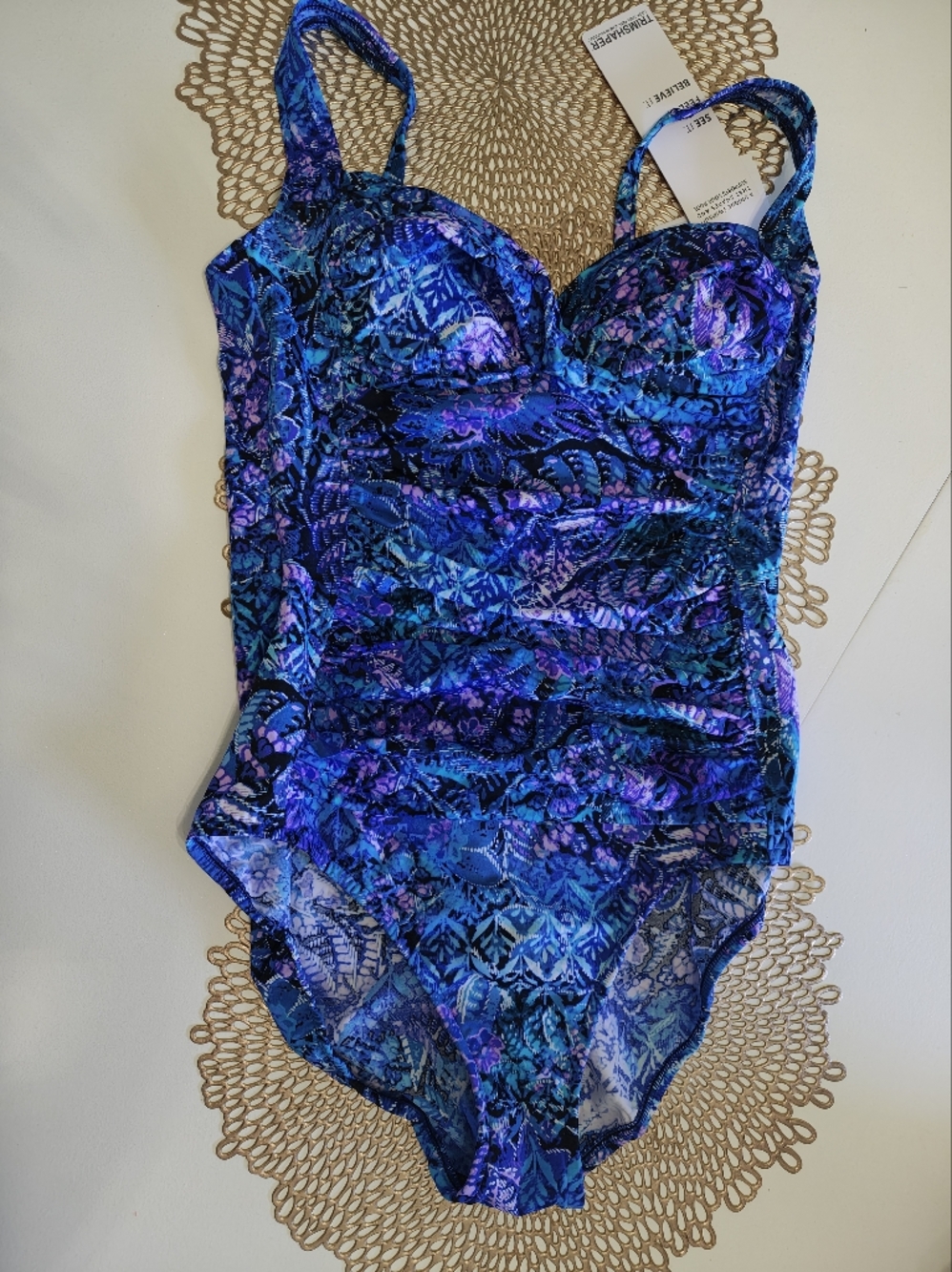 Trimshaper Blue & Purple Printed One-Piece Swimsuit NWT 12